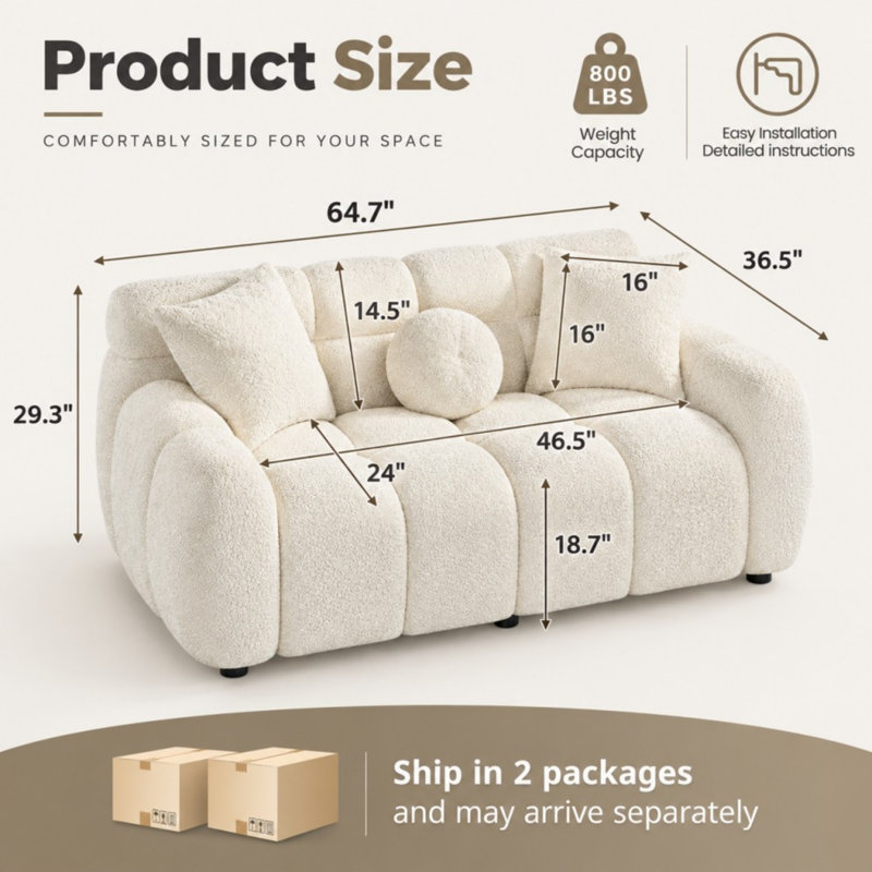 64.7" Teddy Upholstered Bubble Tufted Loveseat Sofa, Beige