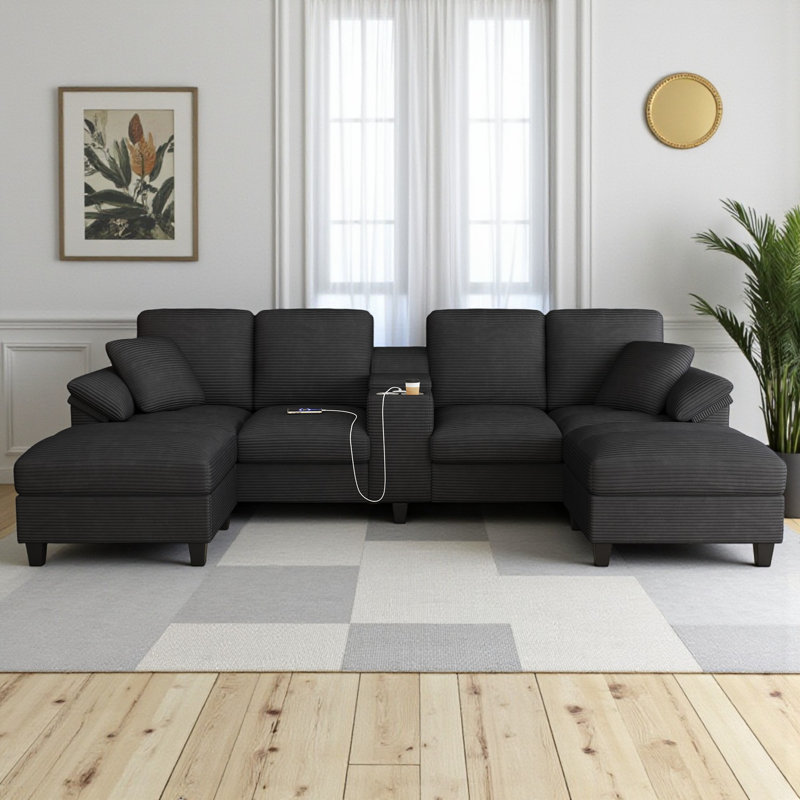 U-Shaped Upholstered Sectional Sofa With Storage And USB Ports, Black Corduroy