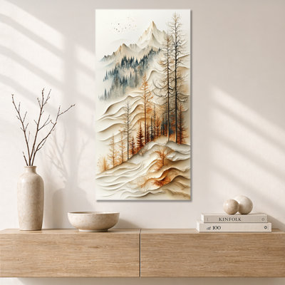 Beige Orange Orange Calm Pine Mountain Layers I – Scenic Framed Print, Peaceful Canvas Wall Art