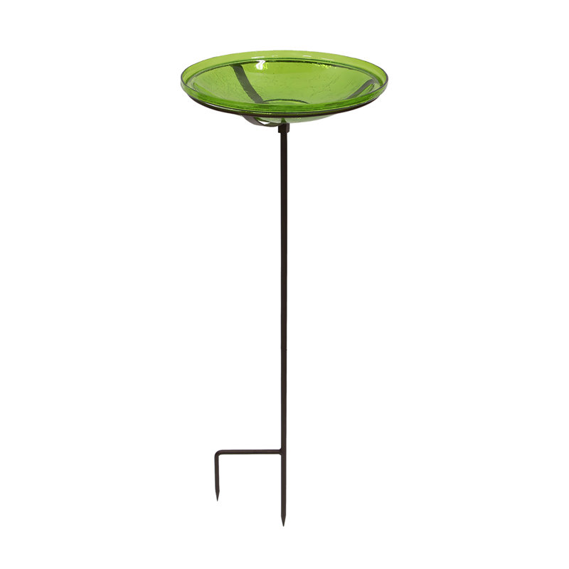 Fern Green Hand Blown Glass Birdbath with Stake