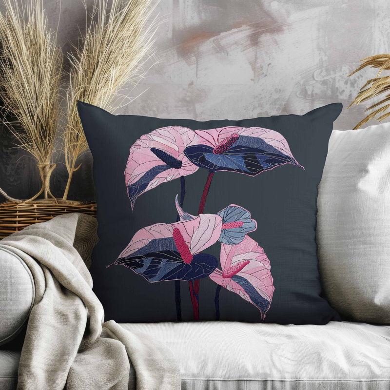 Oreiller en faux suède Anthurium Bloom, Rose / Gris, Carré 16 po