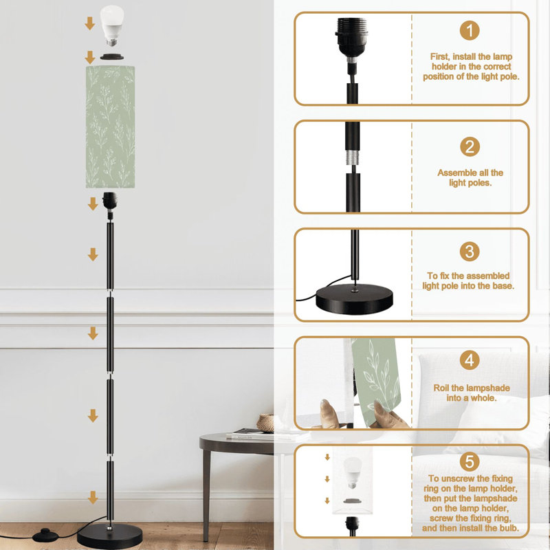 Lampe sur pied avec des feuilles d'herbes et des branches sans soudure, vert, toute impression, lampe sur pied moderne à intensité variable avec télécommande, interrupteur au pied, abat-jour, abat-jour, lampe de coin pour le salon, la chambre et le bureau