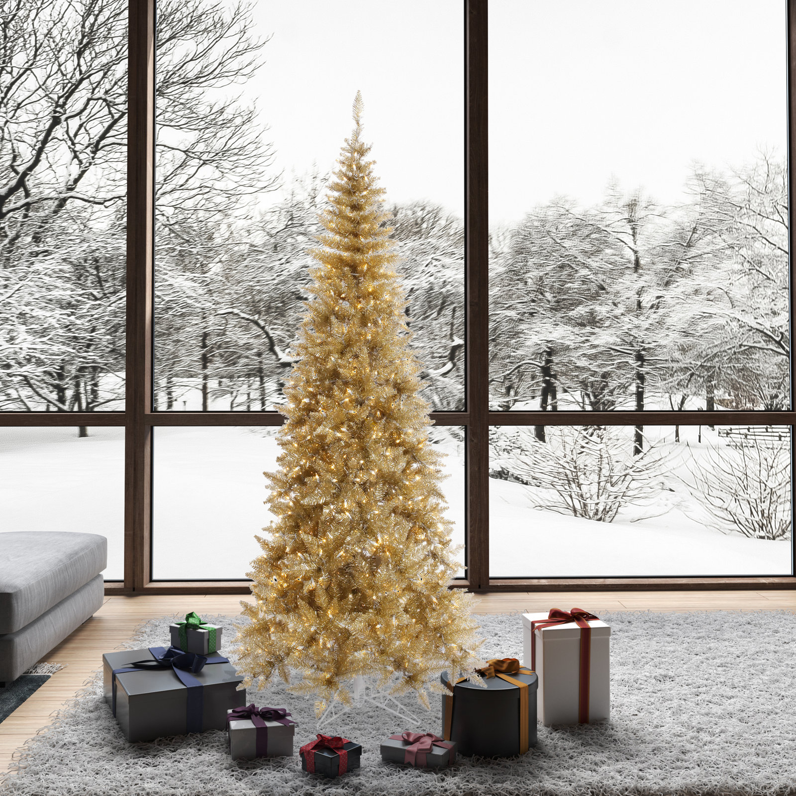 Champagne Tinsel Fir Slim Artificial Christmas Tree, 4.5' H, Warm White LED