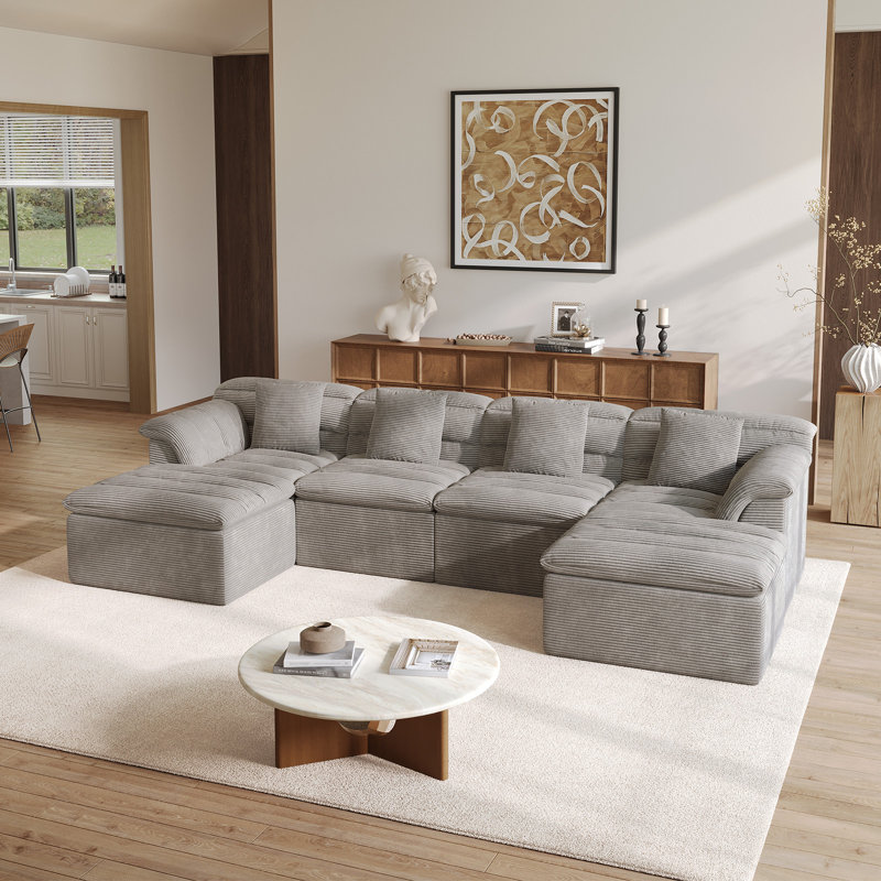 142" Modular Cloud Sofa with Deep Seat, U-Shaped Corduroy Couch, No Assembly Required, Light Gray Corduroy
