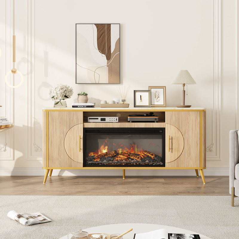 Light Luxury Style Collection 66" Fireplace With 30" Insert-nature Oak, Yellow