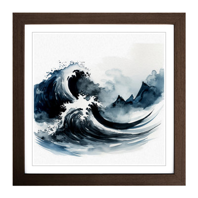Japanese Wave Ink Wash No.1 - Single Picture Frame Print on Wood