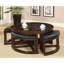 Table basse ronde en bois massif avec insert en verre et quatre repose-pieds en brun riche, diamètre de 40 pouces