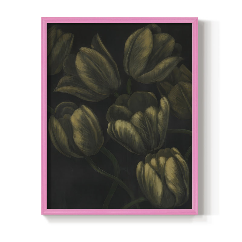 Reproduction encadrée de tulipes dorées II - bois massif, Rose, H 11 po x l 9 po