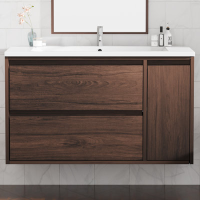 Meuble-lavabo 36 po, meuble-lavabo flottant avec grand rangement, armoire de salle de bain moderne avec 2 tiroirs à fermeture en douceur et 1 porte, brun