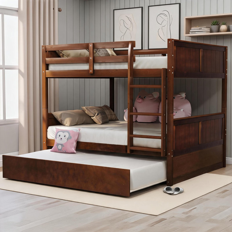 Solid Wood Convertible Full Over Full Bunk Bed With Twin Size Pull-Out Trundle, Brown-Toned Platform Bed