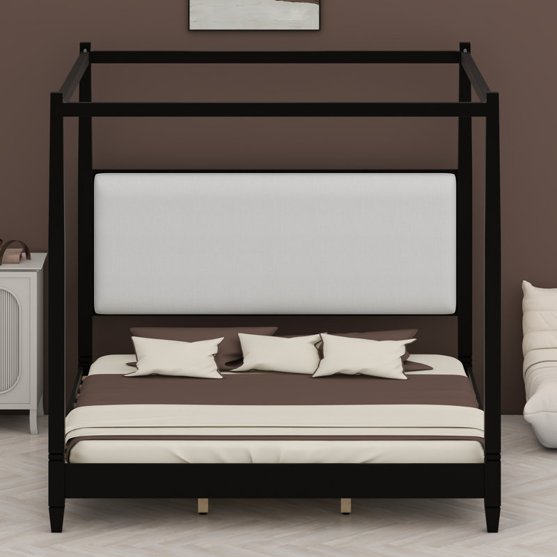 Lit plateforme à baldaquin avec tête de lit tapissier et pieds de support à lattes, Noir