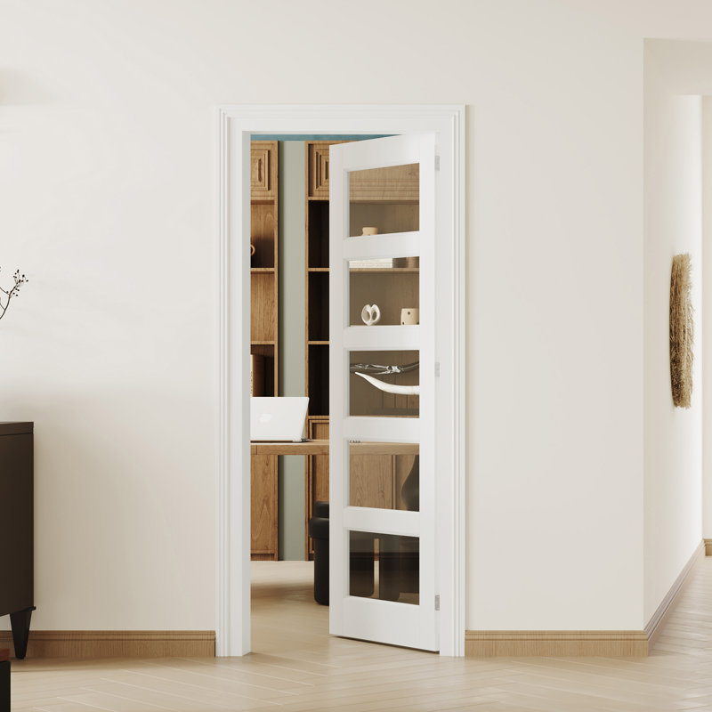 Porte intérieure en verre transparent 5 Lite - Panneaux de porte en panneau de fibres à densité moyenne blancs pré-montés avec cadre et trousse de quincaillerie (porte et cadre livrés séparément)