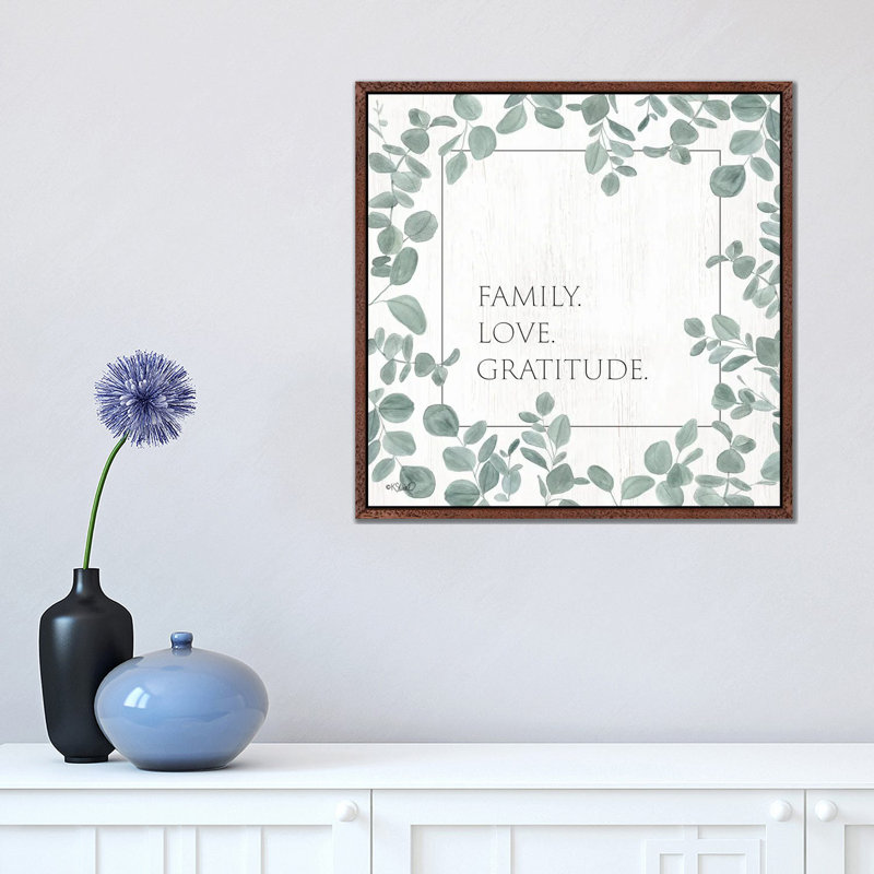 Family Love Gratitude Eucalyptus by Kate Sherrill - Print on Canvas, Brown Floater Frame, 45.72 cm H x 45.72 cm W