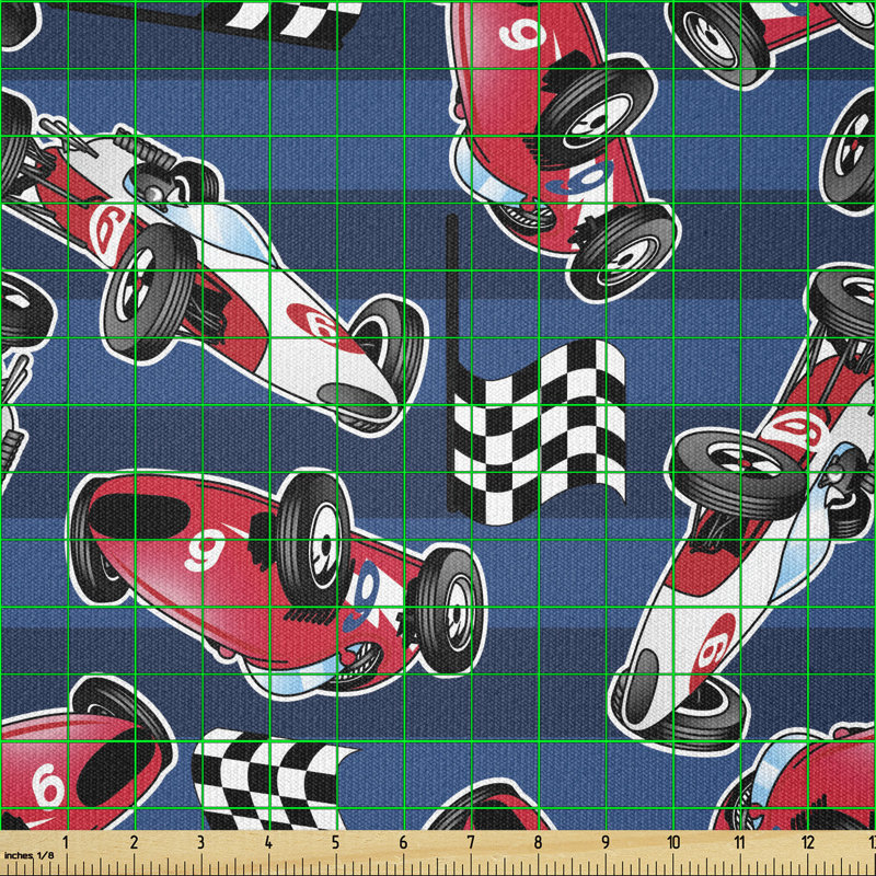 Devonn Vintage Racing Cars on Stripes with Checkered Flags Automobile Sports Multi-Purpose Fabric