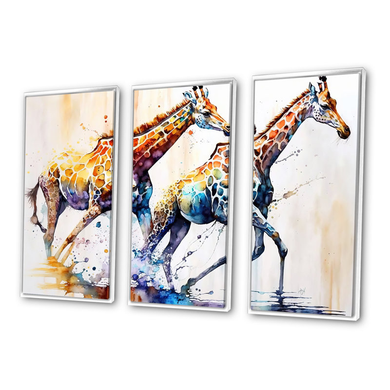 Giraffs qui court - 3 pièces sur toile, H 28 po x l 36 po x P 1 po, Cadre blanc