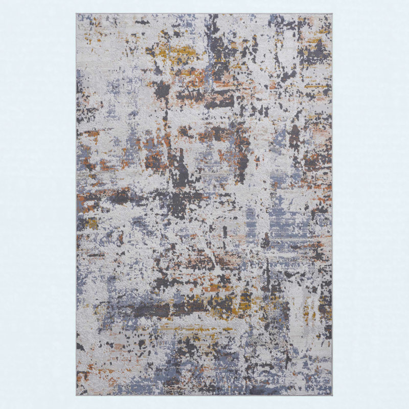 Area Rug Synthetic Fiber Stain Resistant Non-Shedding Abstract Ivory Blue Medium 5' x 7'