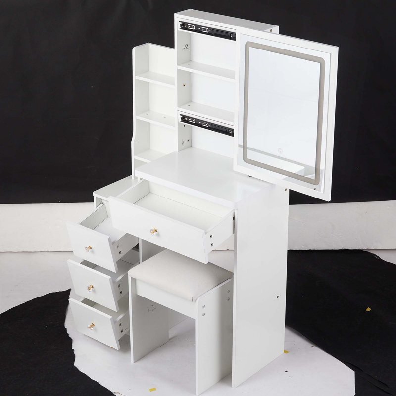 Petite coiffeuse 29,2 po avec tabouret de chevet gauche + tabouret rembourré, 2 blocs d'alimentation CA + 2 ports USB, support pour sèche-cheveux, très grand miroir à DEL coulissant à contrôle tactile, changement de couleur tricolore, réglage de la luminosité