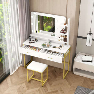 Bureau de coiffeuse avec miroir et lumières, ensemble de coiffeuse à maquillage avec 2 tiroirs et 3 tablettes ouvertes, coiffeuse avec tabouret, luminosité réglable, pour chambre à coucher, vestiaire