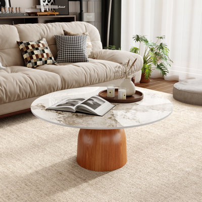 Modern Round Coffee Table with Faux Marble Tabletop and Pedestal Solid Wood, Cocktail Table for Living room & Home Decor