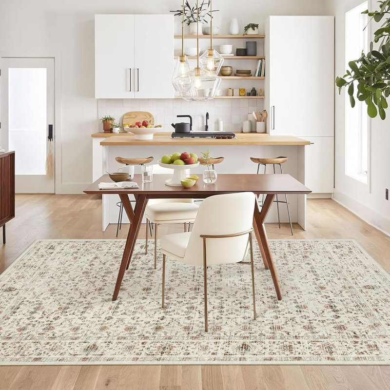 2x6 Floral Kitchen Rug – Washable, Non-Slip, Low Pile, Distressed Print Runner for Hallway, Bathroom, Laundry (Beige)