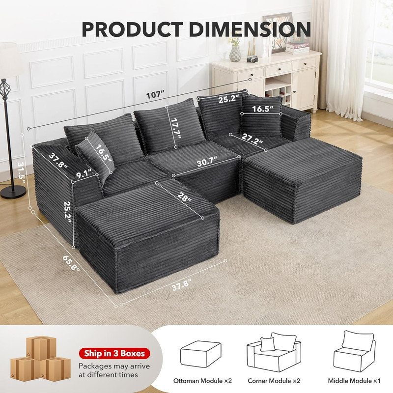 Boneless Modular Cloud Sectional Sofa with 1 Ottoman, L-Shape Deep Seat Couch for Living Room, No Assembly, Gray, 3