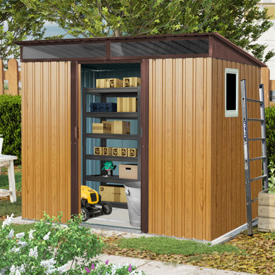 Abri de jardin extérieur en métal de 2,4 m x 1,8 m avec fenêtre et panneau transparent, idéal pour le rangement extérieur.