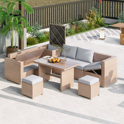 Ensemble de canapé d'extérieur en rotin PE toutes saisons 6 pièces TopMAX, ensemble de mobilier modulaire en osier de patio avec siège réglable, boîte de rangement, housses amovibles et plateau en verre trempé, gris clair
