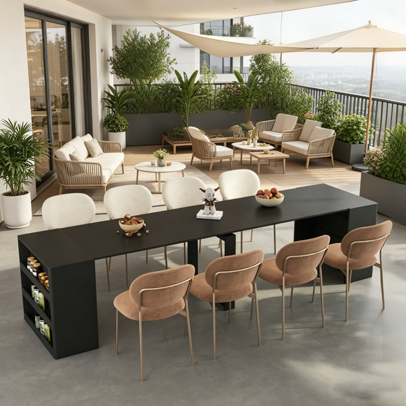 Console extensible de 123 po avec tablettes de rangement, pouvant accueillir jusqu'à 10 personnes (table seulement), Noir