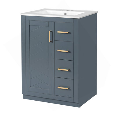 Meuble-lavabo 24 po avec lavabo intégré en céramique, meuble-lavabo simple avec 1 porte et 3 tiroirs pour salle de bain petite et moyenne, bleu
