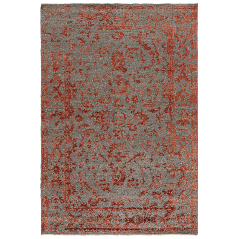 Rectangle Centennial Floral Hand-Knotted Cotton/Viscose Area Rug in Gray/Red, Rectangle 6' x 9'