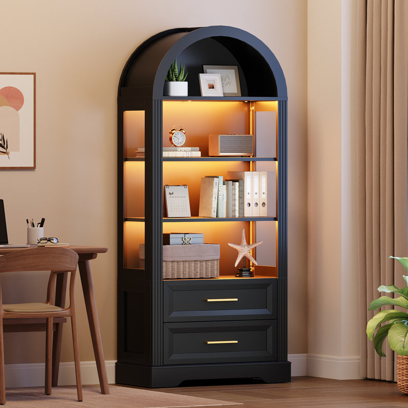 Arched Bookshelf with Lights, Glass Display Cabinet with 2 Drawers