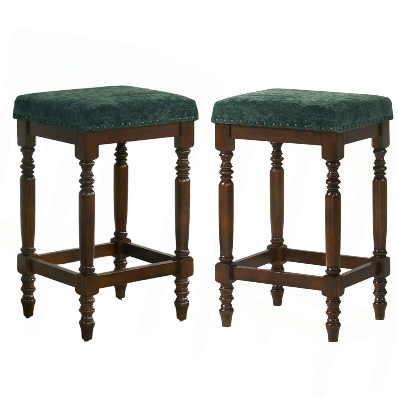 Tabourets de comptoir en bois rustique avec siège rembourré et garniture cloutée (ensemble de 2), Brun, Vert