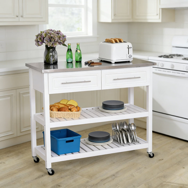 Kitchen Island Cart With Stainless Steel Top And Butcher Block Design, 2-Tier Open Shelves, Drawers, Locking Wheels For Mobile Storage
