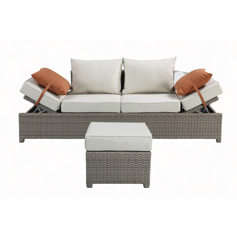 Fabric & All-Weather Wicker Patio Sofa & Ottoman With 2 Toss Pillows