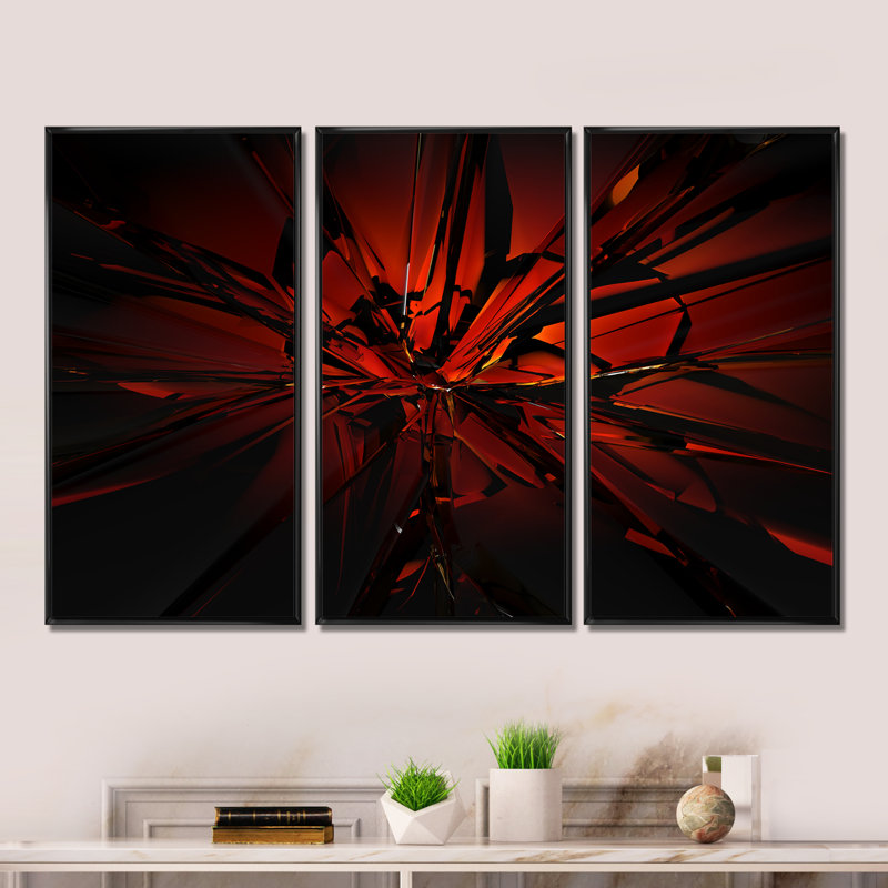 «Beautiful Red 3D Crystal Design», ensemble de 3 toiles abstraites encadrées, Cadre noir, H 28 po x l 36 po