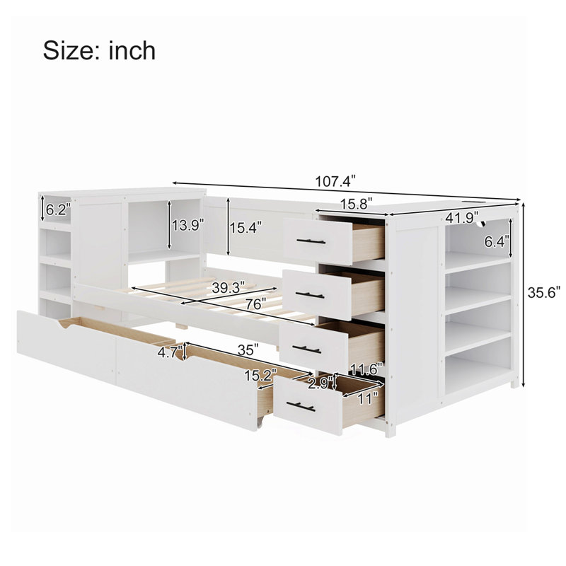 White Wooden Twin Size Daybed with Side Shelves & Drawers, Storage Bed with Multi-Functional Desk and Charging Station