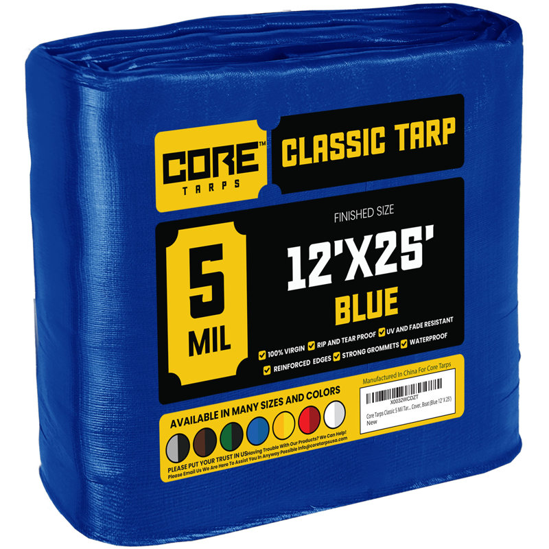 Bâche en polyéthylène robuste de 12 pi x 25 pi 5 mil, imperméable et résistante aux rayons UV, Bleu