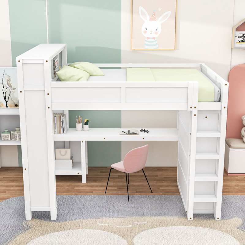 Grand lit mezzanine multifonctionnel avec bureau intégré, garde-robe et tablette de rangement, Blanc