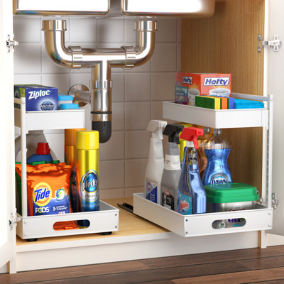 Sorbus Under Sink Organizer with Sliding Tracks and Adhesive Tape - 2-Tier Pull-Out Storage Rack for Kitchen and Bathroom - No Drill Under Sink Organization Storage Cabinet Shelf, Set of 2, White