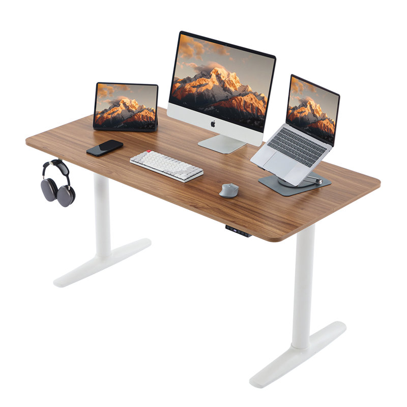 Bureau debout électrique à hauteur ajustable avec colonne ronde, H 46 po x l 48 po x P 24 po, Noyer clair / blanc