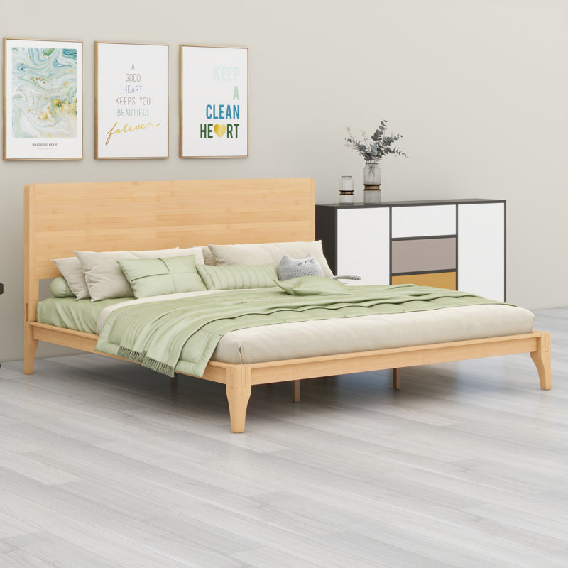Lit plateforme Mid-Century moderne en bois avec support en lattes de bois, Très grand lit, Naturel