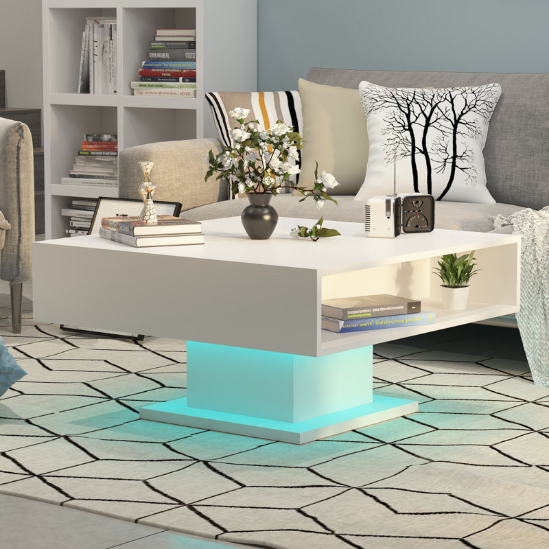 78x78x40 cm Square Lift Top Coffee Table with LED Lights, Hidden Storage, White
