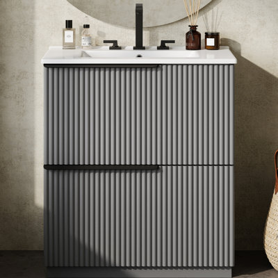 30" Gray Bathroom Vanity With Ceramic Sink, Extension Drawers, Soft Close Slides, Fluted Design, Smart Storage, Spill Basin, Glossy Countertop, 17.5"-Long , -Proof Structure Boasting 6" Depth 17.5"