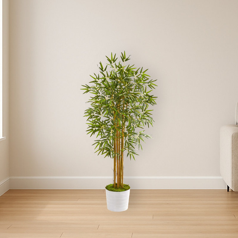 Bamboo Artificial Tree in White Tin Planter