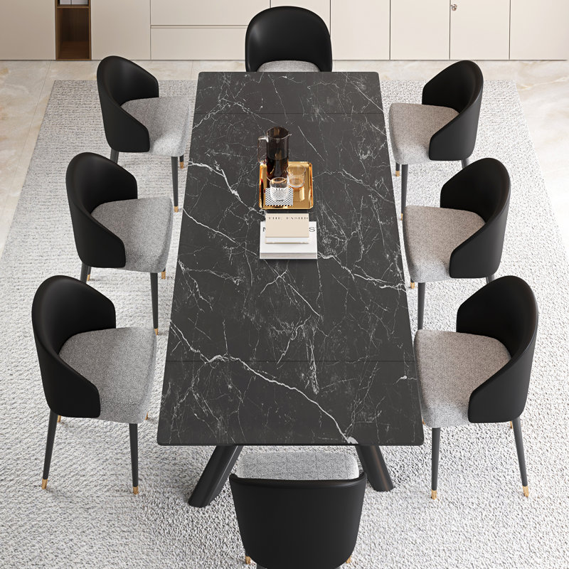 102'' Extendable Dining Table Set With Sintered Stone Dining Table And 8 Faux Leather Dining Chairs, Black, Black/Gray