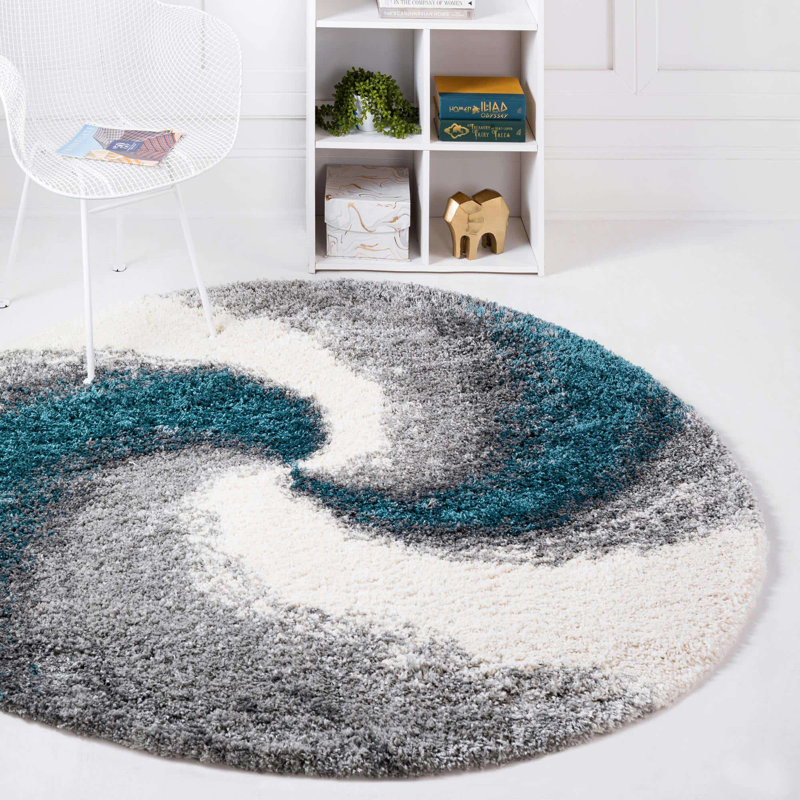 Abstract Indoor Rug, Round 6'1", Turquoise/Gray