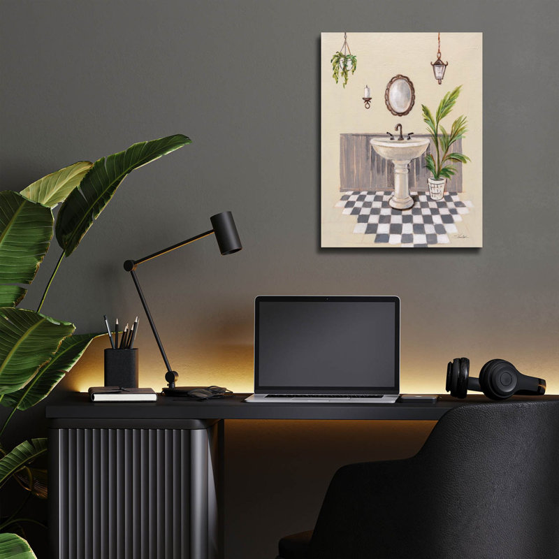 Art mural en verre acrylique 12 po x 16 po «Grey Cottage Bathroom 2» par Silvia Vassileva