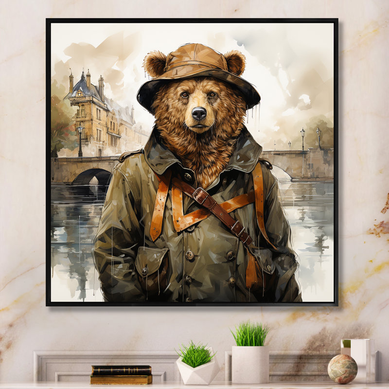 Ours en costume détective campagne I - ours 2, art mural, Cadre flottant noir, H 16 po x l 16 po x P 1 po