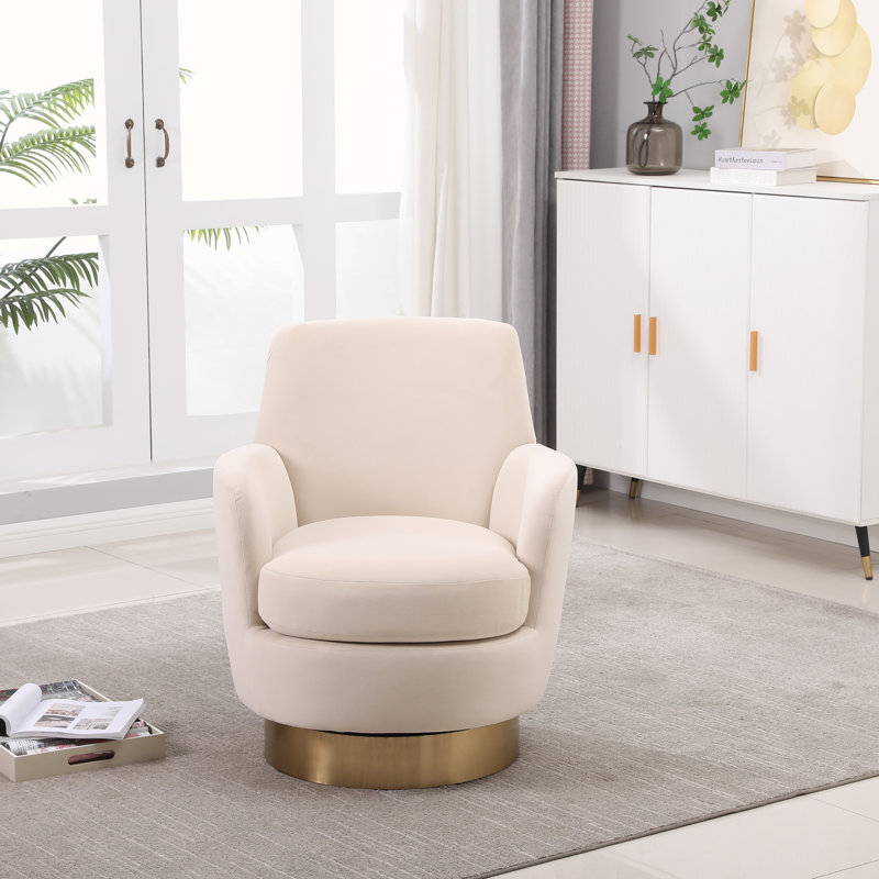 Velvet Swivel Barrel Chair, Swivel Accent Chairs Armchair For Living Room, Reading Chairs For Bedroom Comfy, Round Barrel Chairs With Gold Stainless Steel Base (Beige)