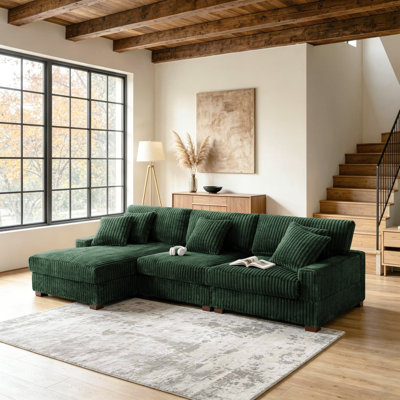 3 - Piece Upholstered Green Faux Rabbit Fur Flannel Modular Sectional Sofa with Armrests & Throw Pillows